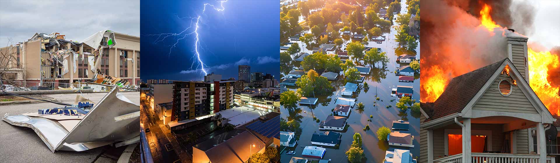 Photo grid of various property damage events.